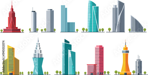 Collection of modern skyscraper vector illustrations featuring diverse city office buildings, towers, and architectural silhouettes isolated on white background for urban business design projects.