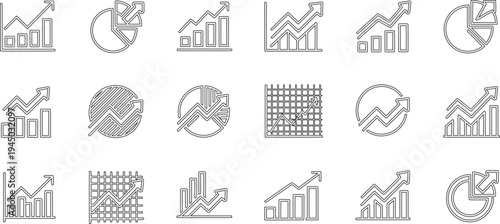 Collection of various business chart and graph icons in a pixelated style