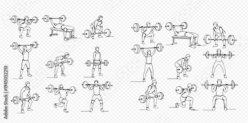 Continuous line drawing of various weightlifting exercises, including squats, deadlifts, and bench presses, showcasing fitness and strength training routines.