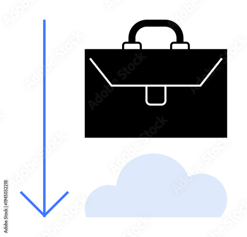 Cloud computing, data storage, technology services, business tools, digital downloading, online management. A briefcase above a cloud with a download arrow. Cloud computing and data storage concept