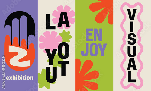 Creative exhibition poster design with love you visual typography and floral joy elements for advertising