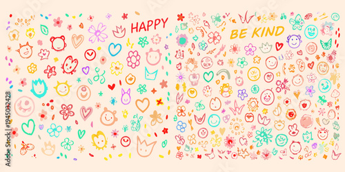 Colorful doodle collage with positive messages and whimsical cartoon characters