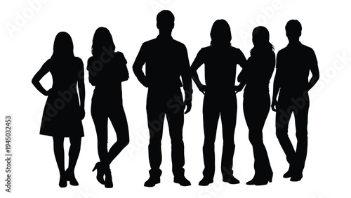 A group of six people standing together in a line, showcasing diverse poses and attire in a simple black silhouette against a white background