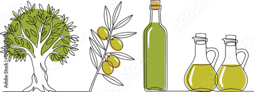 Continuous line art vector illustration featuring olive tree branch with olives and glass bottles of extra virgin olive oil isolated on white background