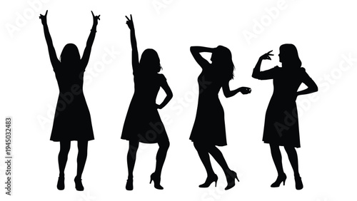 Four women silhouettes in different dance poses with arms raised and hands on hips against a white background
