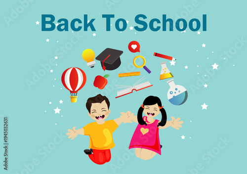Back to school illustration with happy kids