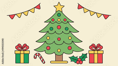 A cartoon christmas tree with presents and decorations Vector, illustration