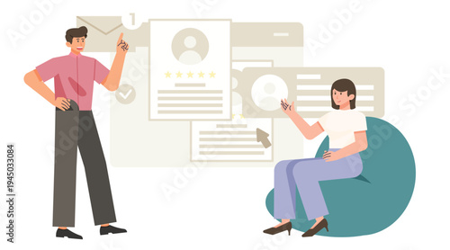 We are hiring announcement concept with recruiter megaphone and resume documents. Job recruitment campaign vector illustration.