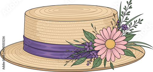 Straw boater hat decorated with flowers and ribbon, vintage summer fashion accessory with floral arrangement illustration isolated on white background
