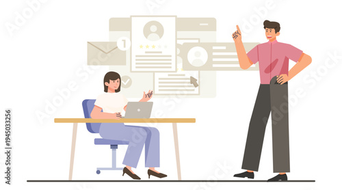 Job interview preparation concept with recruiter reviewing candidate profile on digital dashboard illustration.