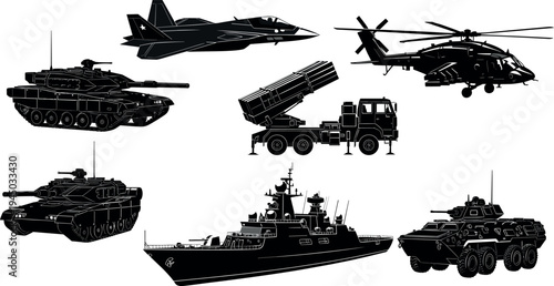 Military vehicles silhouette collection with tank fighter jet helicopter warship and missile launcher isolated on white background, defense transport equipment set for army technology design