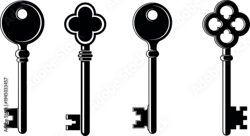 Vintage ornate key silhouette collection with classic antique lock keys vector illustration, security access symbols isolated on light background for property and design