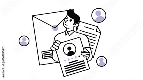 Recruitment document screening concept with magnifying glass and CV papers. Human resources candidate selection vector illustration.