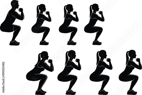 Large set of male and female athlete silhouettes performing bodyweight squats in various side view positions isolated on white background for fitness training.