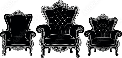 Vintage royal armchair silhouette collection with ornate classic furniture design vector illustration, luxury baroque chairs isolated on light background for interior decor concept