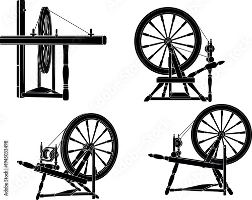 Vintage spinning wheel silhouette collection with traditional textile weaving equipment vector illustration, craft tool icons isolated on light background for history and handicraft design