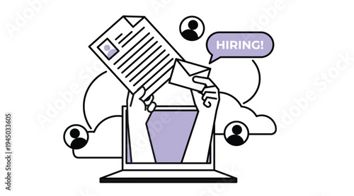 Online recruitment concept with laptop receiving resumes and candidate applications. Hiring process vector illustration.