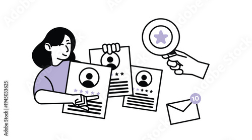 Join us hiring announcement with candidate profile rating and magnifying glass. HR recruitment campaign vector illustration.