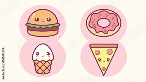 Cute food icons with smiling faces Vector, illustration