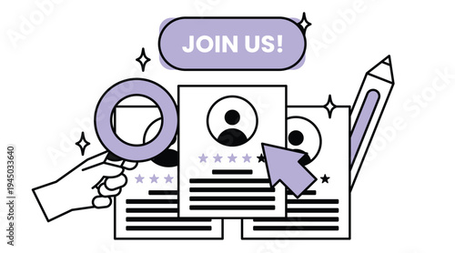 Candidate search concept with magnifying glass analyzing CV profiles. HR recruitment process vector illustration.