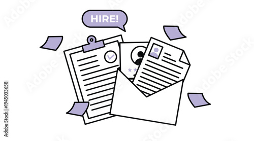 Minimal HR recruitment concept illustration with laptop, documents and magnifying glass. Human resources hiring process vector design.