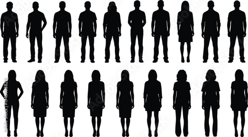 Large collection of diverse men and women standing silhouettes in casual and professional attire isolated on white background for architectural visualization and urban design