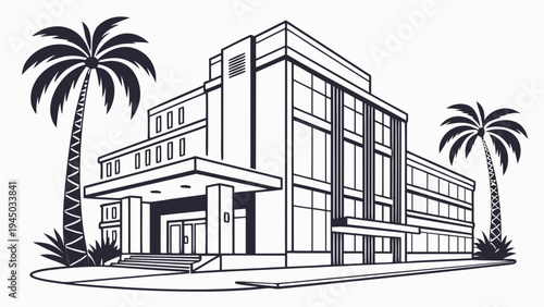 Modern Commercial Office Building Line Art Vector Illustration