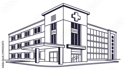 Hospital Medical Center Building Vector Line Art Illustration