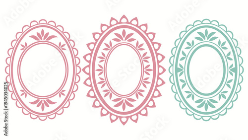 Three pink and green ornate oval frames Vector, illustration
