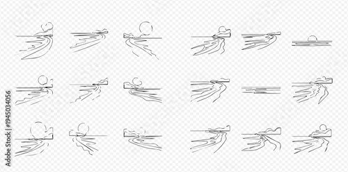Set of various line art illustrations depicting wind and air movement with different directions and intensities.