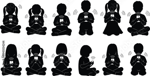 Mega collection of black silhouettes featuring various woman hairstyles, jumping children, business people, park bench sitting groups, medical nursing icons, and urban street lamps.