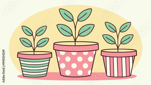 Three cute potted plants with colorful pots Vector, illustration