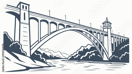 Large Arch Bridge Infrastructure Line Art Vector Illustration