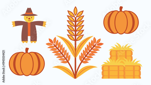 A colorful illustration of fall items including pumpkins and a scarecrow Vector, illustration