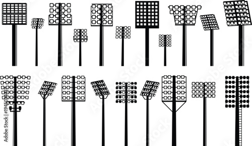 Large collection of professional stadium floodlight silhouettes featuring various sports arena lighting towers and high intensity outdoor field light designs isolated on white.