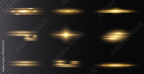 Set of flashes, lights and sparks. Abstract golden lights isolated on a transparent background. Bright gold flashes and glares. Bright rays of light. Glowing lines. Vector illustration.