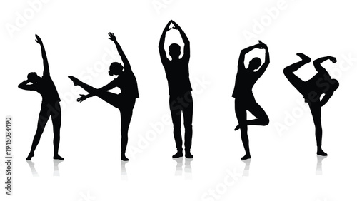 A serene and dynamic illustration of five yoga poses in silhouette, showcasing various balancing and stretching exercises in a harmonious sequence.
