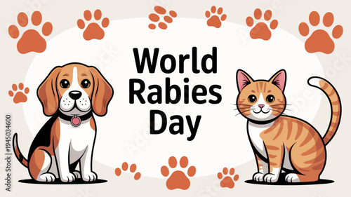 Beagle dog and orange cat sitting on world rabies day with paw prints