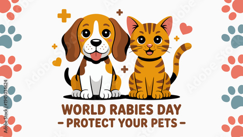 Cute dog and cat world rabies day protect your pets awareness illustration with paw prints