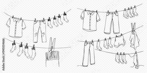 Hand-drawn sketch of laundry hanging on a clothesline, including shirts, pants, and socks, with clothespins on a transparent background.