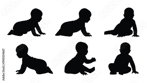A series of six black silhouette images of a baby in various crawl and sitting positions on a white background depicting developmental stages