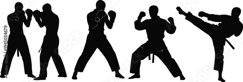 Martial Arts Silhouette Set Featuring Karate Fighters Kickboxers and Taekwondo Athletes in Combat Poses for Sports Training Competition and Fitness Illustration