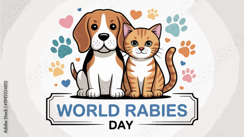 Beagle dog and orange cat sitting together world rabies day awareness colorful paw prints hearts