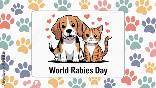 Beagle dog and orange tabby cat sitting together on world rabies day with colorful paw prints