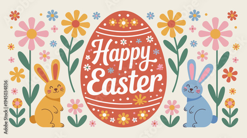Easter celebration with colorful bunnies and flowers happy easter greeting card design
