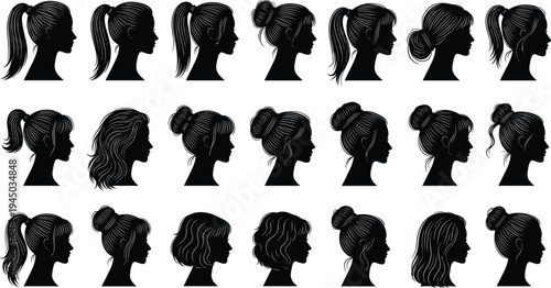 Large collection of woman head profile silhouettes featuring various hairstyles like ponytails and buns with detailed engraving texture lines isolated on white background.