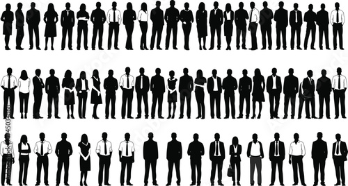 Massive collection of professional business people silhouettes standing in rows featuring men and women in corporate attire and office suits isolated on white background.