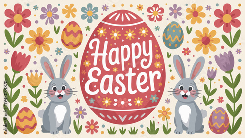 Easter bunnies and colorful eggs in flowers happy easter greeting card with spring floral pattern and cute rabbits