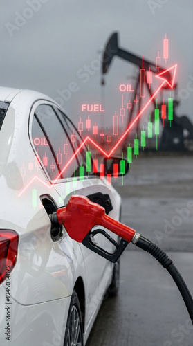 Oil price global crisis fuel rise shown with car refueling at petrol station