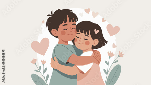 Tender moment of a man hugging and kissing a little girl with hearts and flowers around them